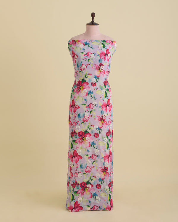 Lilac Matt Crepe Digital Floral Printed Fabric with Lucknowi Embroidery Buta