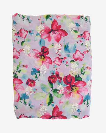 Lilac Matt Crepe Digital Floral Printed Fabric with Lucknowi Embroidery Buta