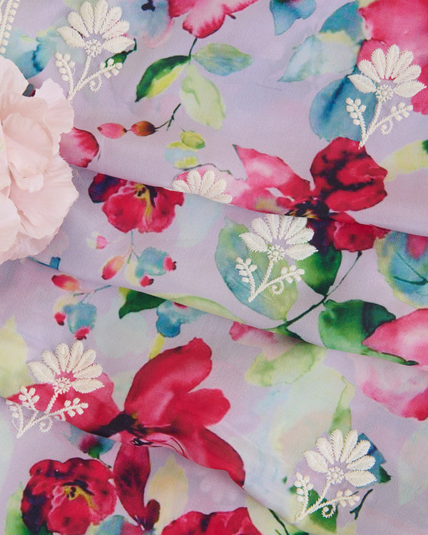Lilac Matt Crepe Digital Floral Printed Fabric with Lucknowi Embroidery Buta