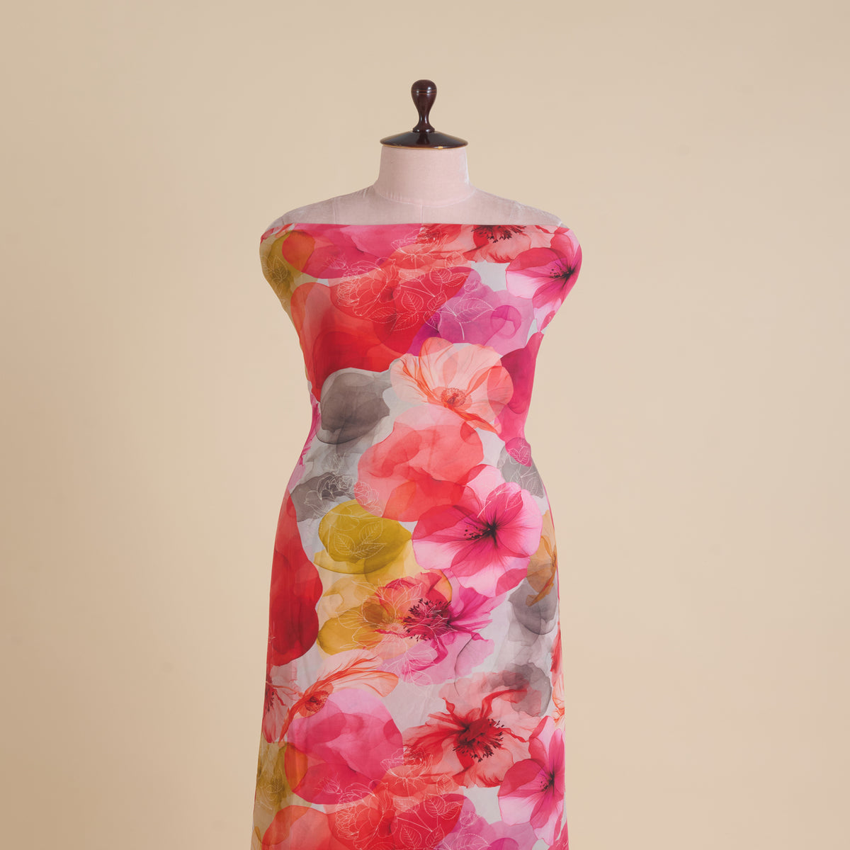 Red Multi 60 GSM Crepe Digital Floral Jaal Printed Fabric