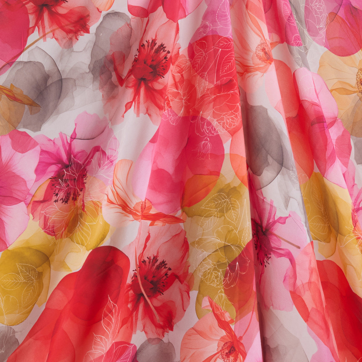 Red Multi 60 GSM Crepe Digital Floral Jaal Printed Fabric