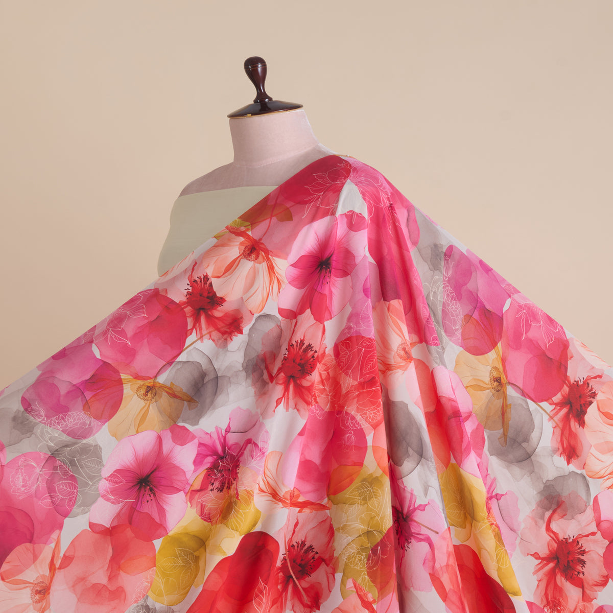 Red Multi 60 GSM Crepe Digital Floral Jaal Printed Fabric