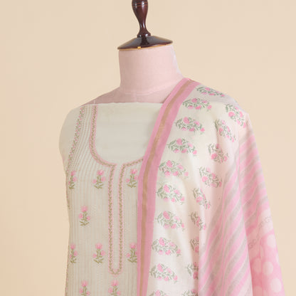 Off White Pink Chanderi Resham Embroidered Suit Set