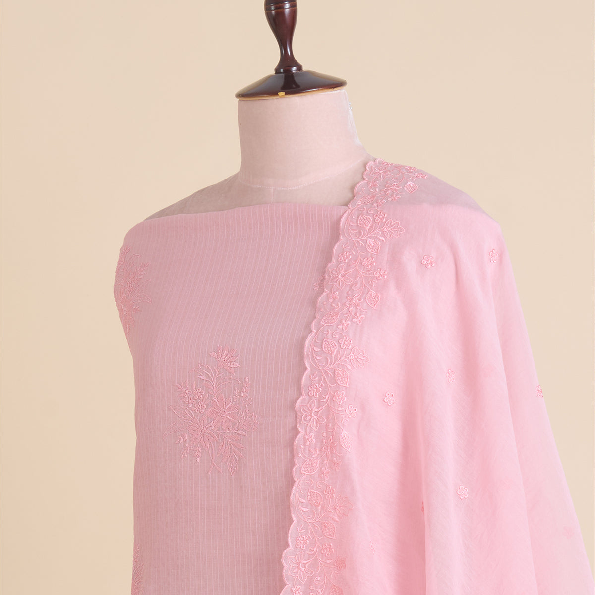 Pastel Pink Chanderi Self-Striped Embroidered Suit Set
