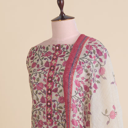 Beige & Pink Chanderi Printed Embroidered Kurta Set