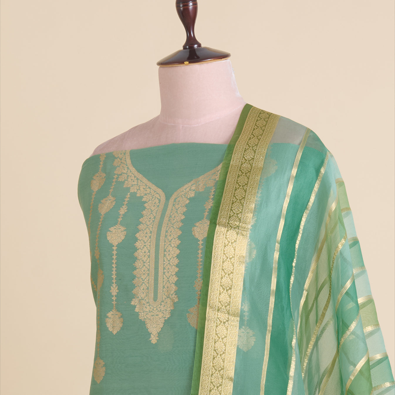 Dusty Green Chanderi Zari Neck Woven Suit with Organza Dupatta