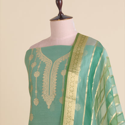 Dusty Green Chanderi Zari Neck Woven Suit with Organza Dupatta