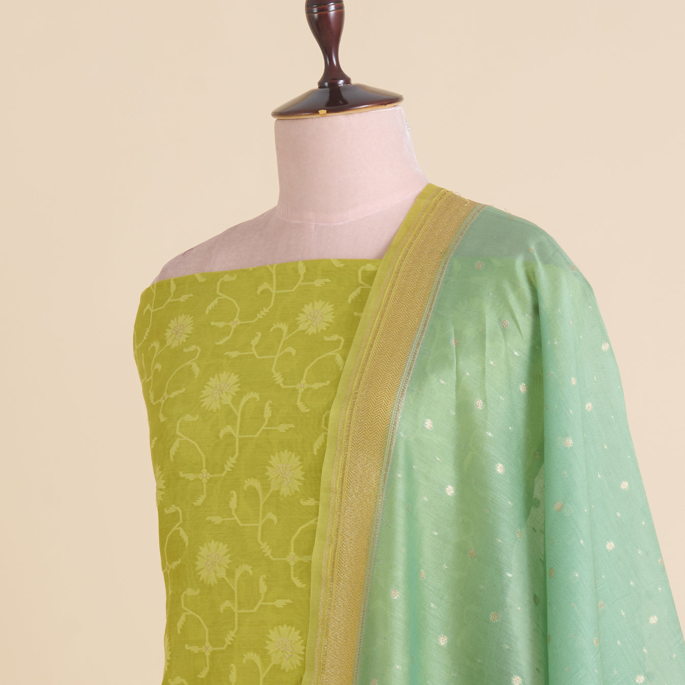 Lime Green Chanderi Woven Suit with Dusty Green Dupatta