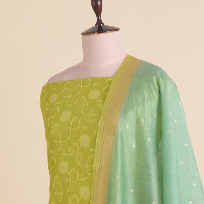 Lime Green Chanderi Woven Suit with Dusty Green Dupatta