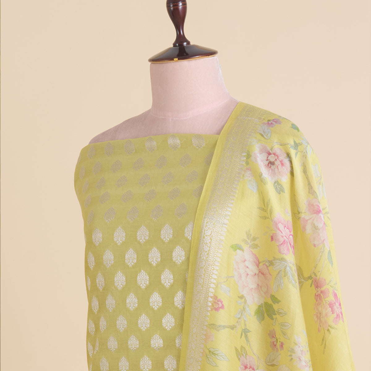 Lime Green Chanderi Woven Kurta with Printed Border Dupatta