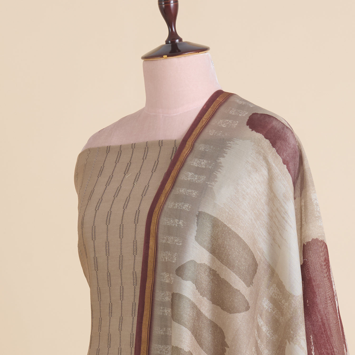 Cement Grey Chanderi Thread Embroidered Stripe Suit