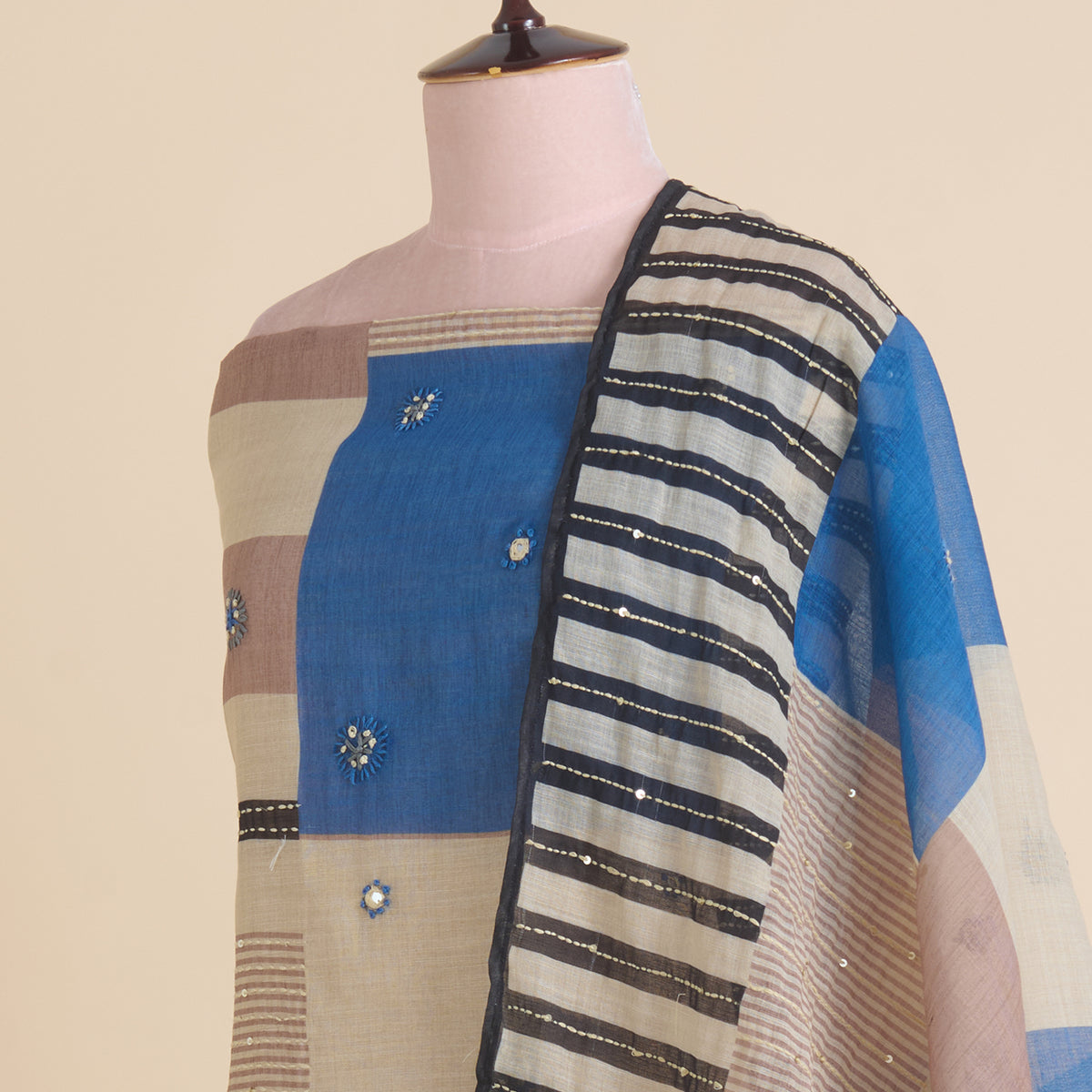 Blue Cotton Linen Printed Kurta with Mirror Embroidery