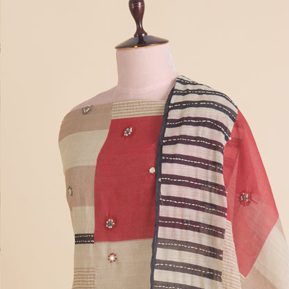 Red Cotton Linen Printed Embroidered Kurta Set with Dupatta