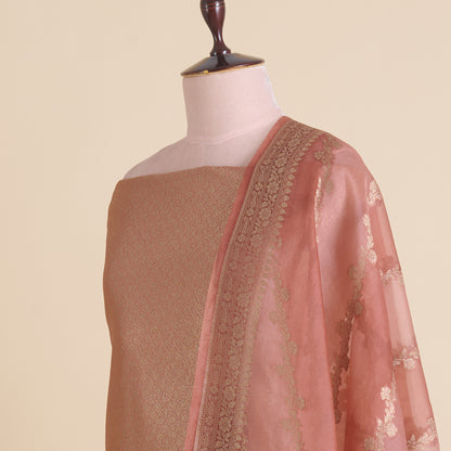 Dusty Peach Chanderi Woven Kurta Set with Organza Dupatta