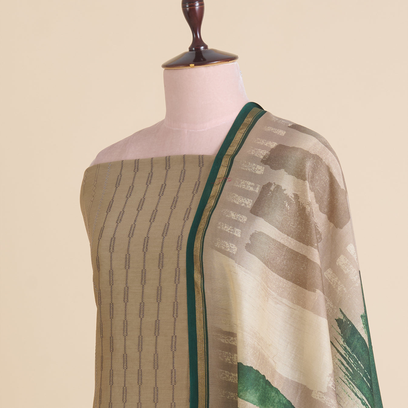 Grey Chanderi Thread Embroidered Striped Suit with Printed Dupatta