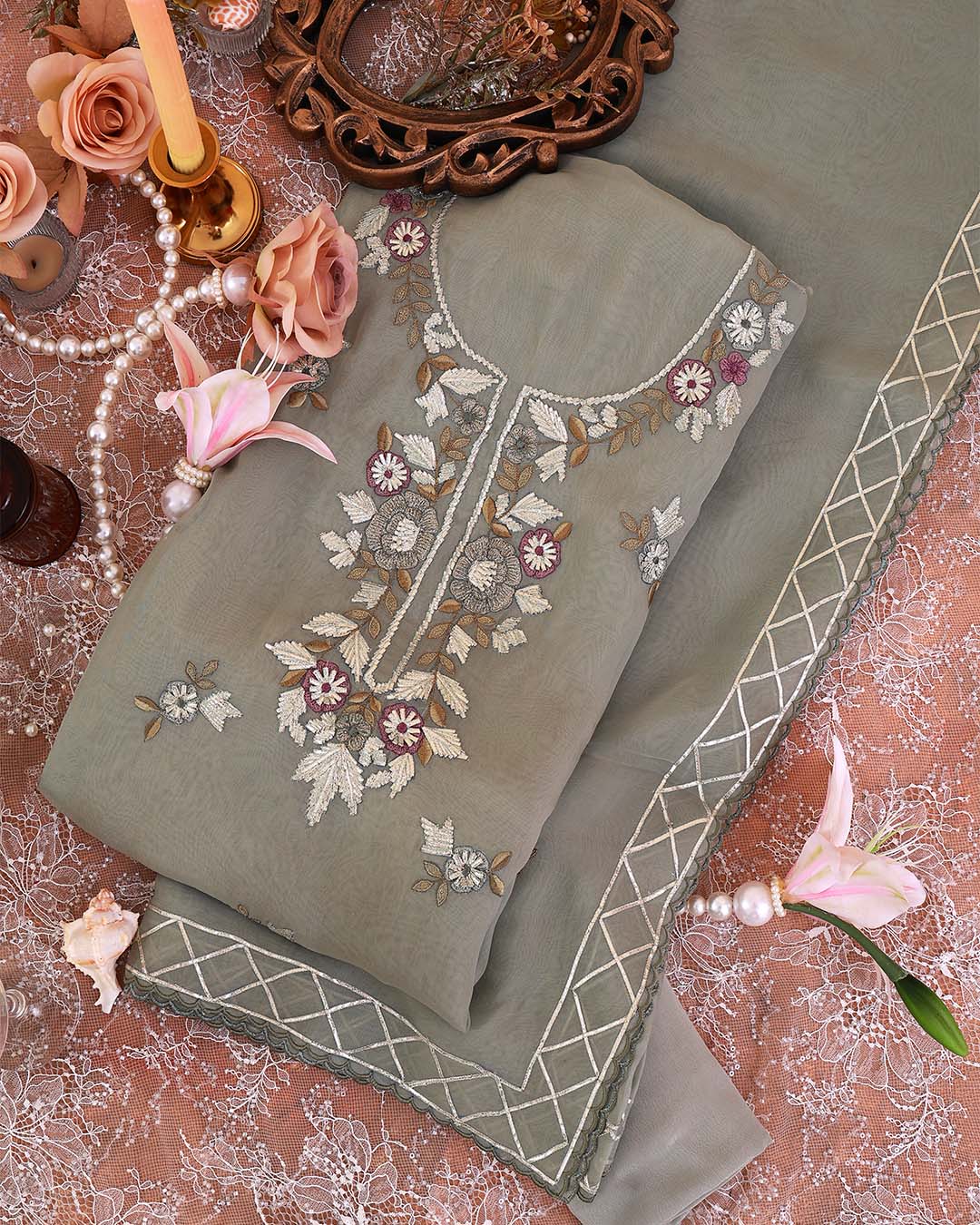 Sea Green Organza Suit with Gota Lacchi Resham Embroidery Dupatta