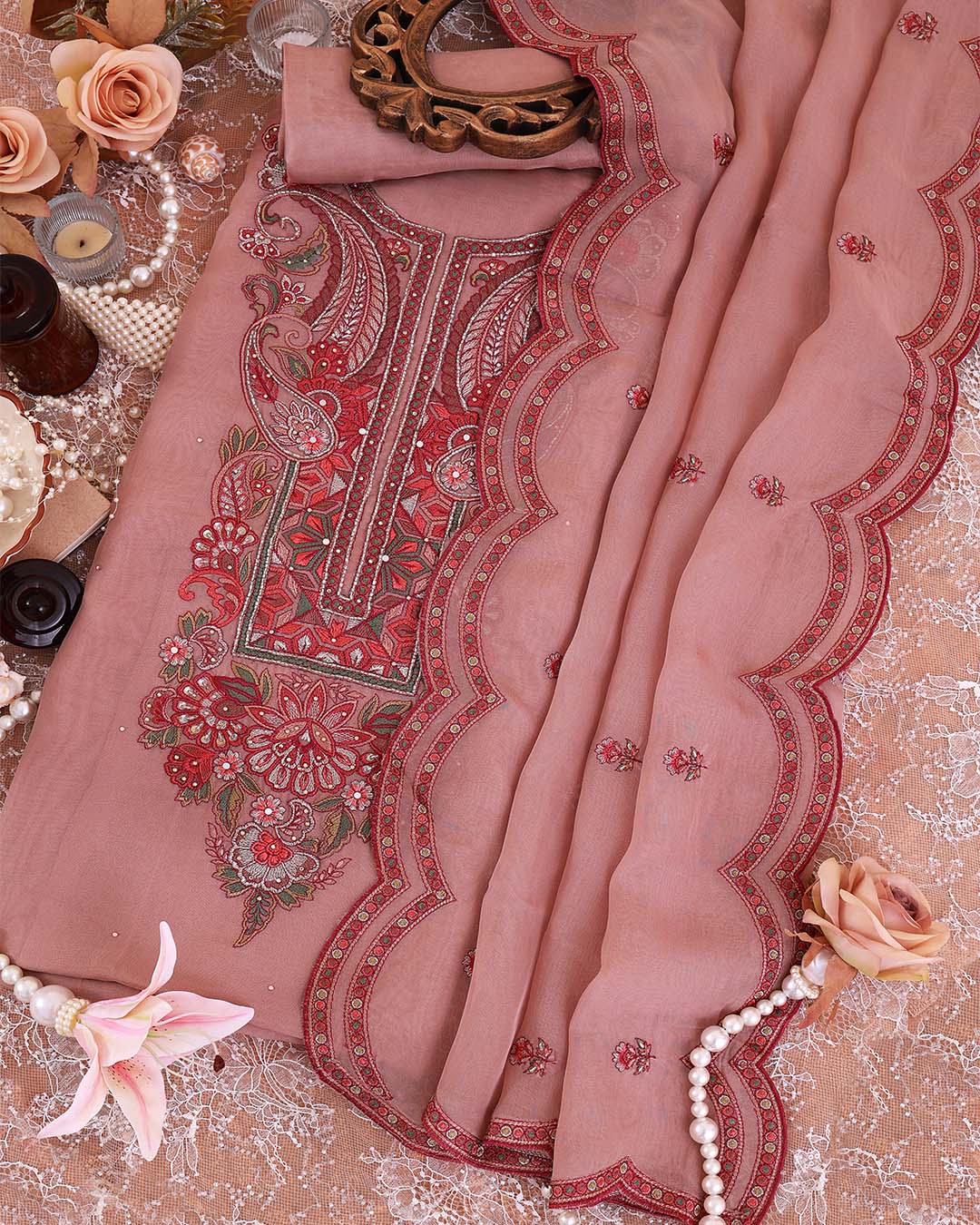 Onion Pink Organza Suit with Cut Dana Resham Zari Embroidery Set