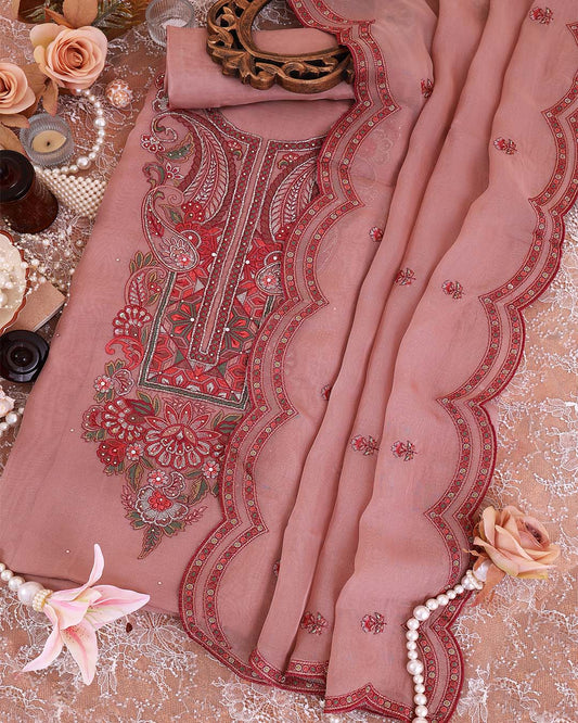 Onion Pink Organza Suit with Cut Dana Resham Zari Embroidery Set