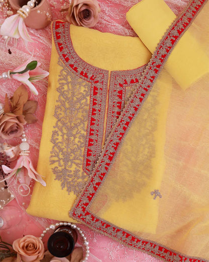 Yellow Fine Chanderi Suit with Dori Patch Work Embroidery & Dupatta
