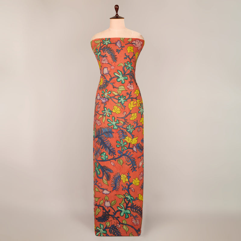 Brick Assam Kalamkari Jaal Hand Printed Fabric