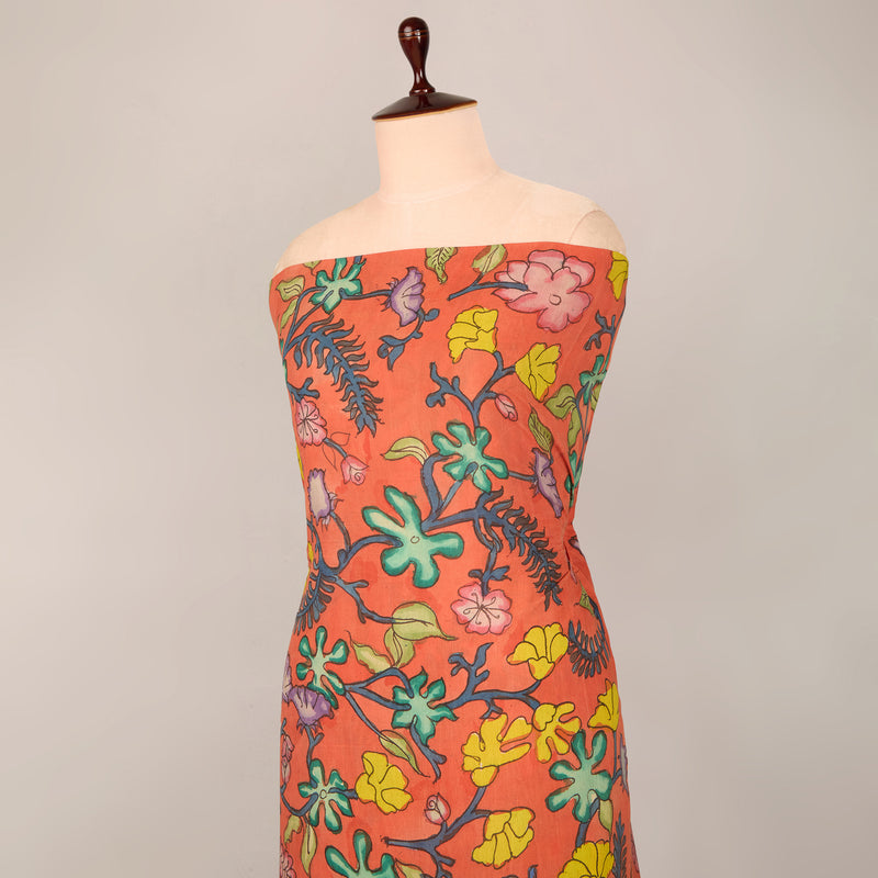 Brick Assam Kalamkari Jaal Hand Printed Fabric