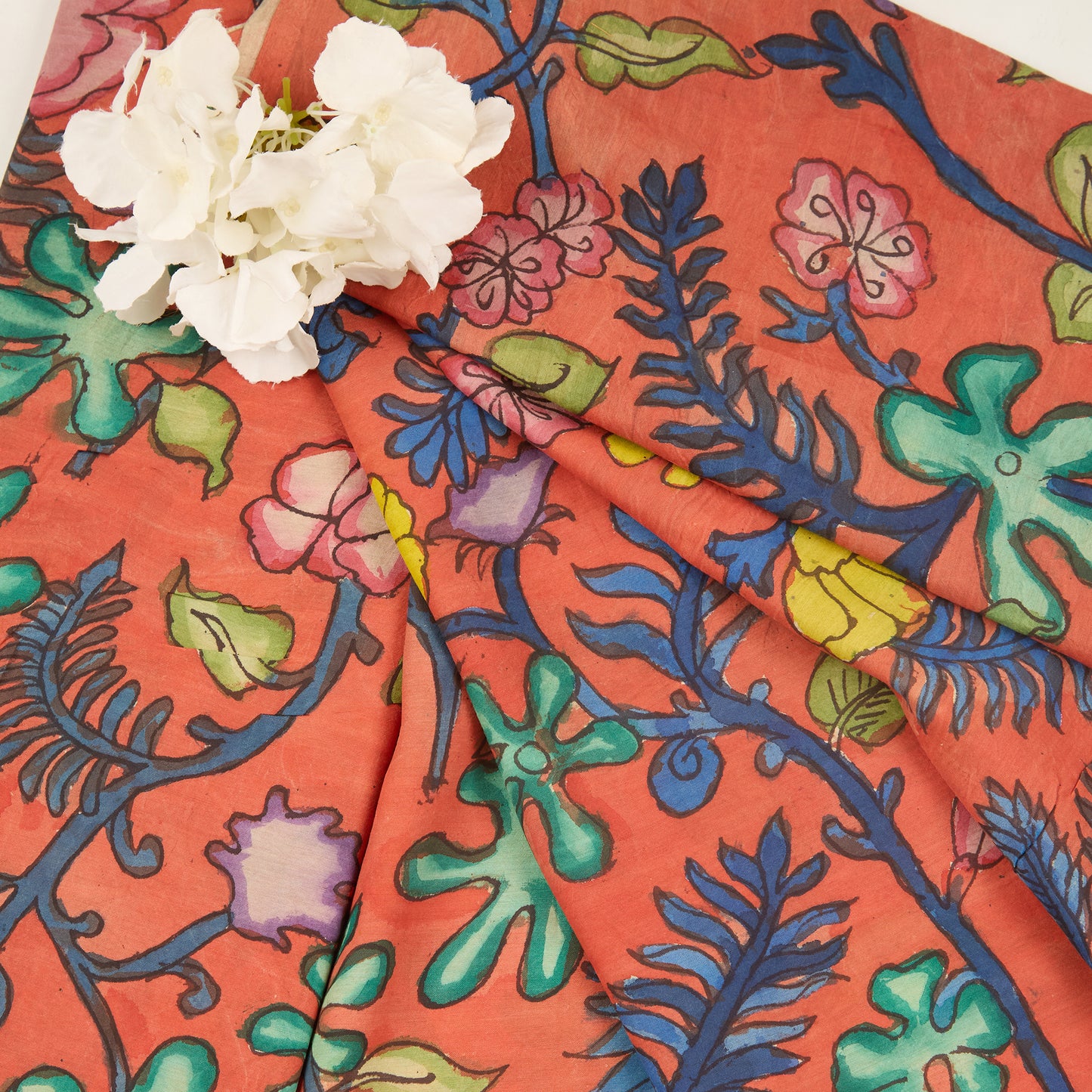 Brick Assam Kalamkari Jaal Hand Printed Fabric