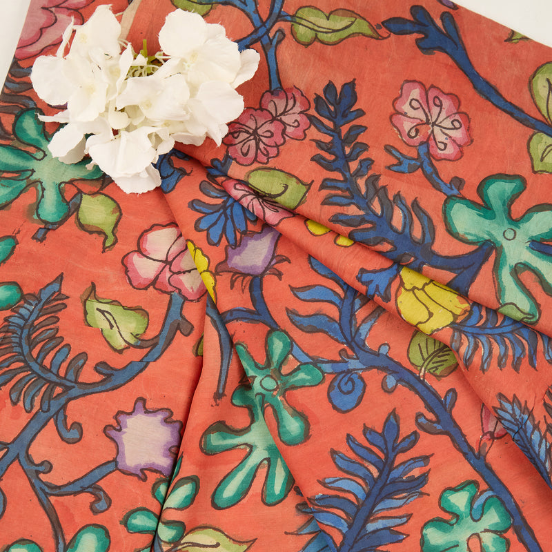 Brick Assam Kalamkari Jaal Hand Printed Fabric