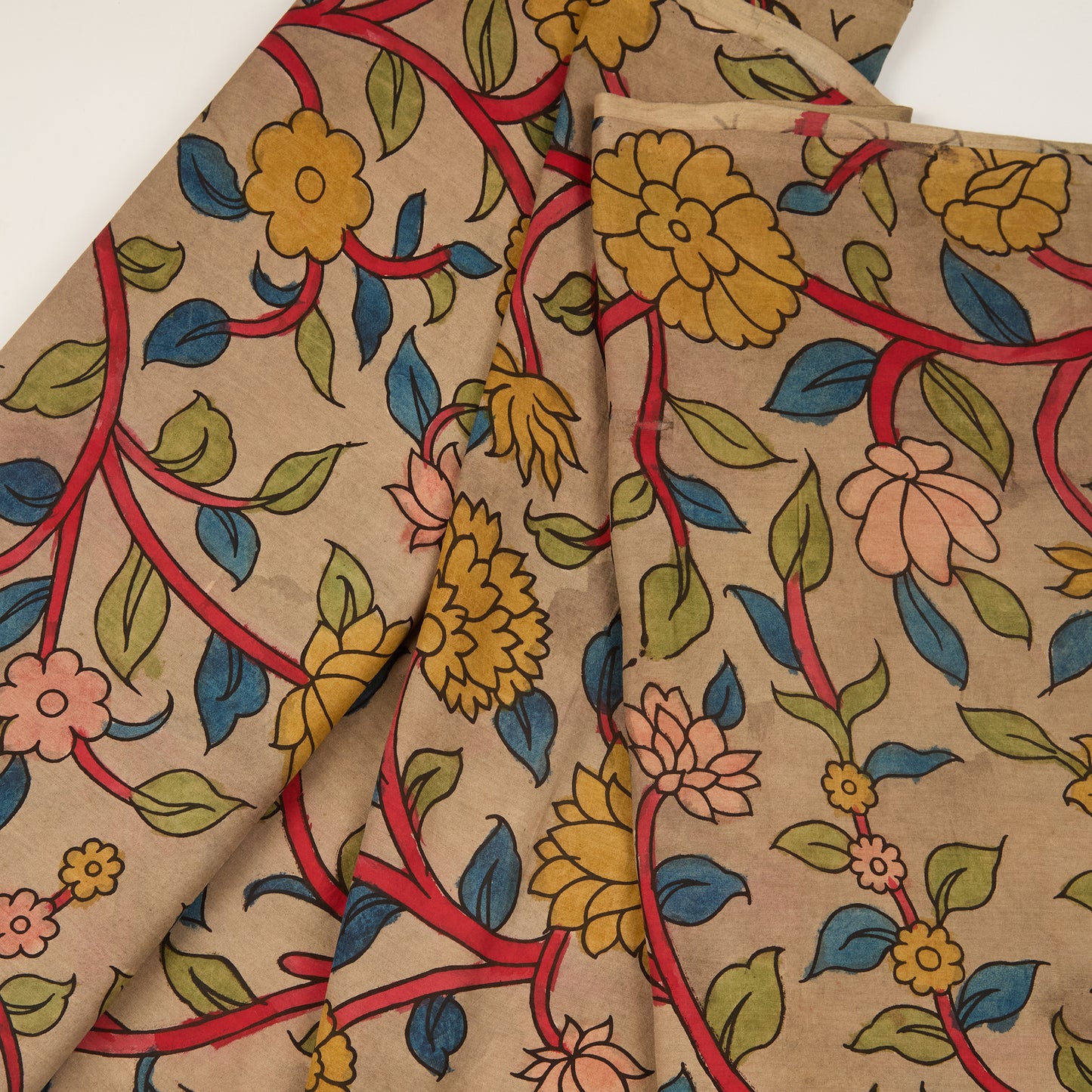 Beige Assam Kalamkari Jaal Hand Printed Fabric