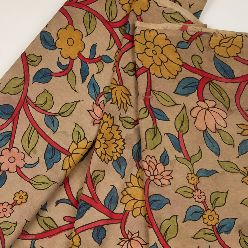 Beige Assam Kalamkari Jaal Hand Printed Fabric