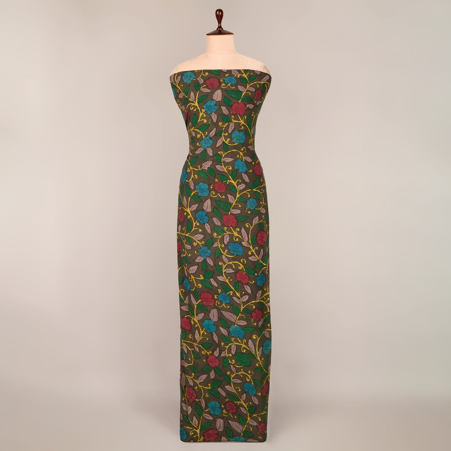 Charcoal Assam Kalamkari Jaal Hand Printed Fabric