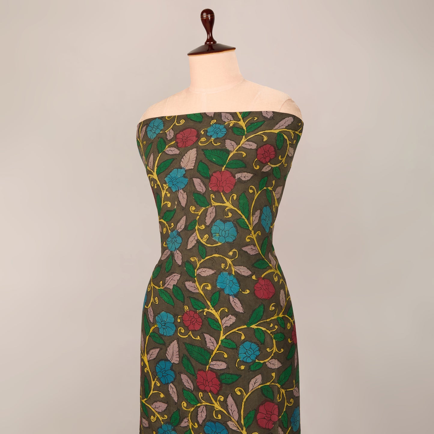 Charcoal Assam Kalamkari Jaal Hand Printed Fabric