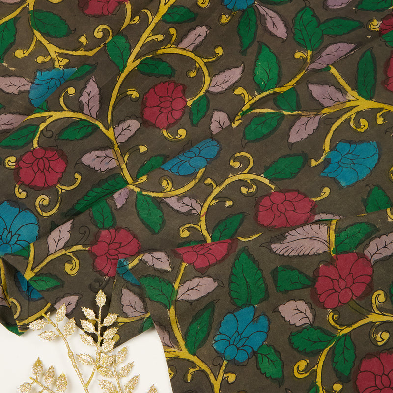 Charcoal Assam Kalamkari Jaal Hand Printed Fabric