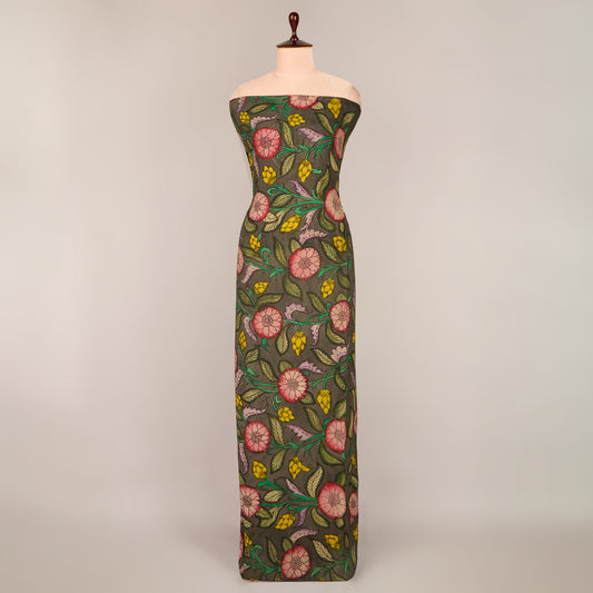 Black Assam Kalamkari Jaal Hand Printed Fabric