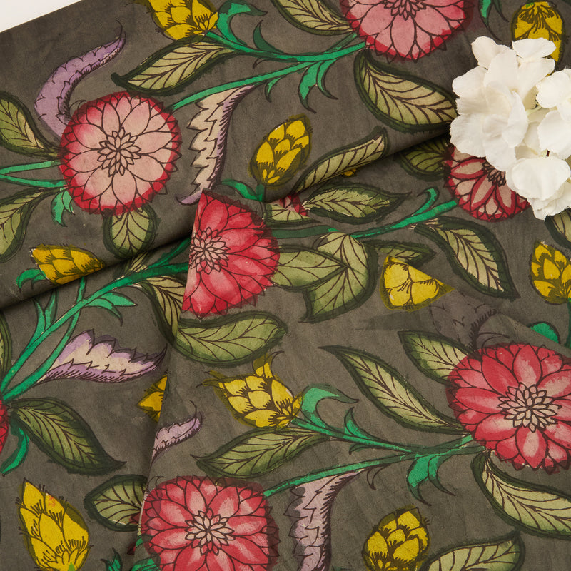 Black Assam Kalamkari Jaal Hand Printed Fabric