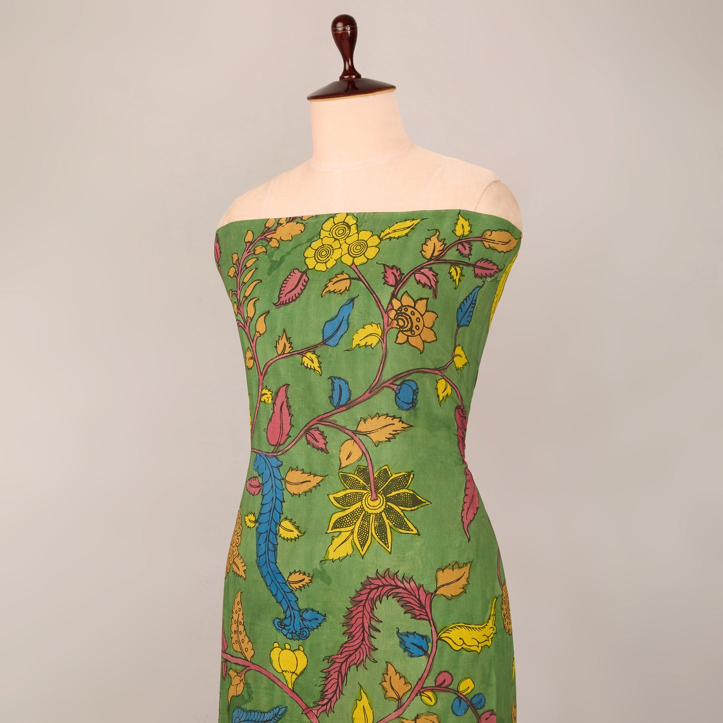 Assam Kalamkari Jaal Hand Printed Fabric In Green