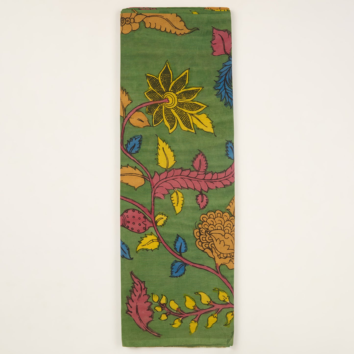 Assam Kalamkari Jaal Hand Printed Fabric In Green