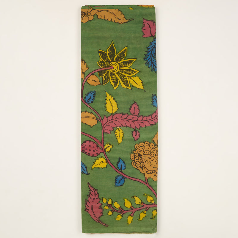 Assam Kalamkari Jaal Hand Printed Fabric In Green
