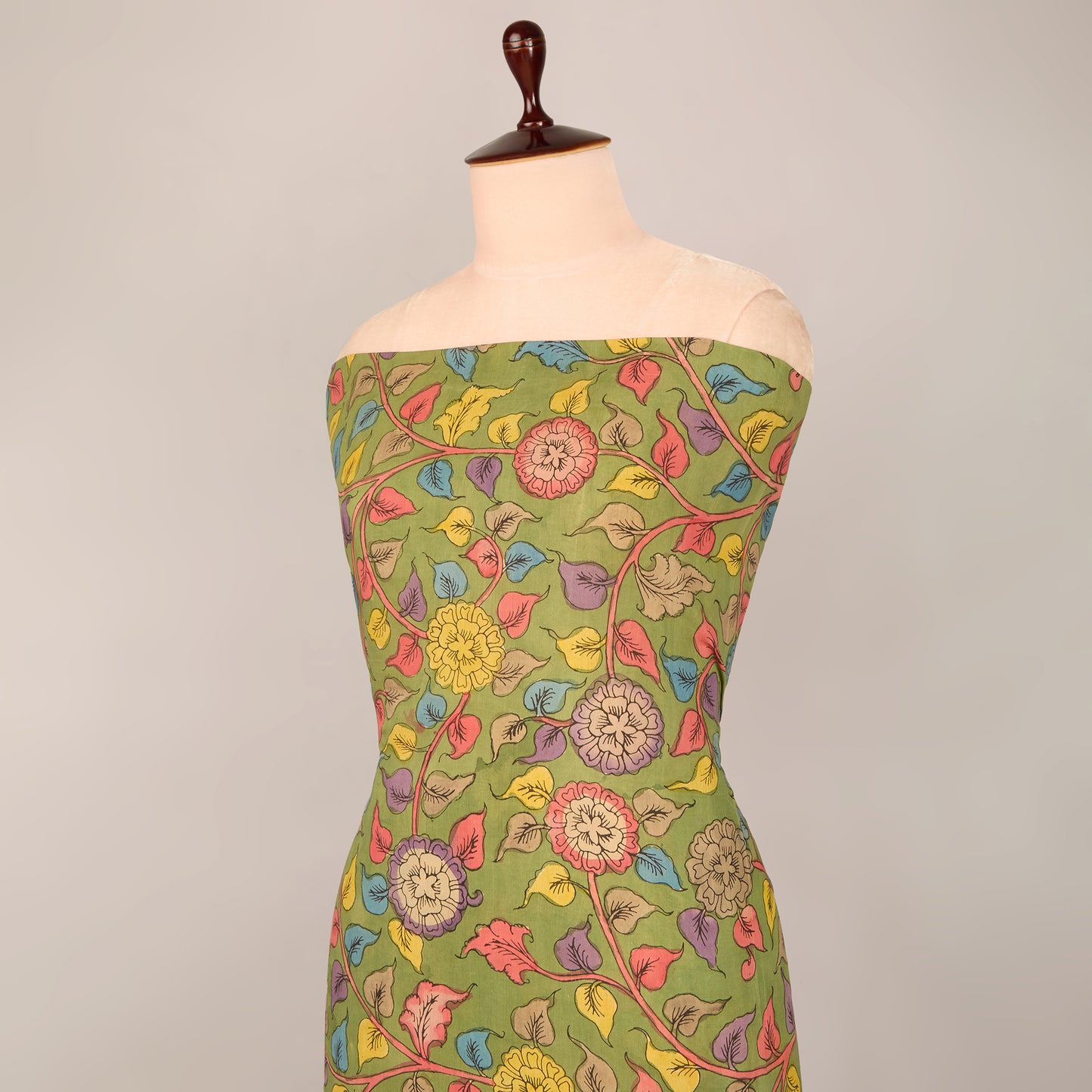 Assam Kalamkari Jaal Hand Printed Fabric In Parrot Green