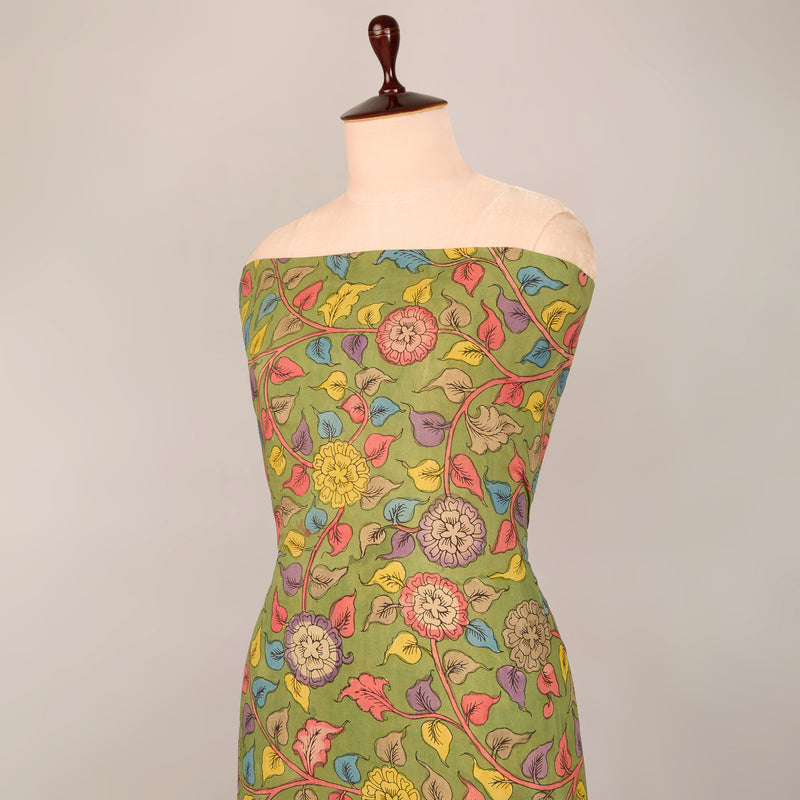 Assam Kalamkari Jaal Hand Printed Fabric In Parrot Green