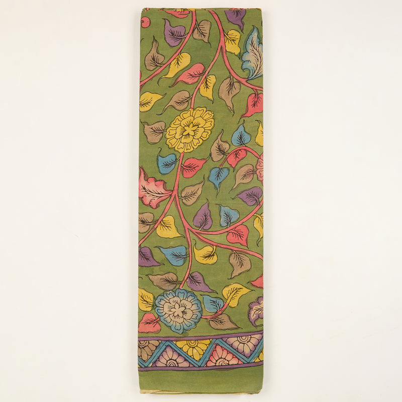 Assam Kalamkari Jaal Hand Printed Fabric In Parrot Green