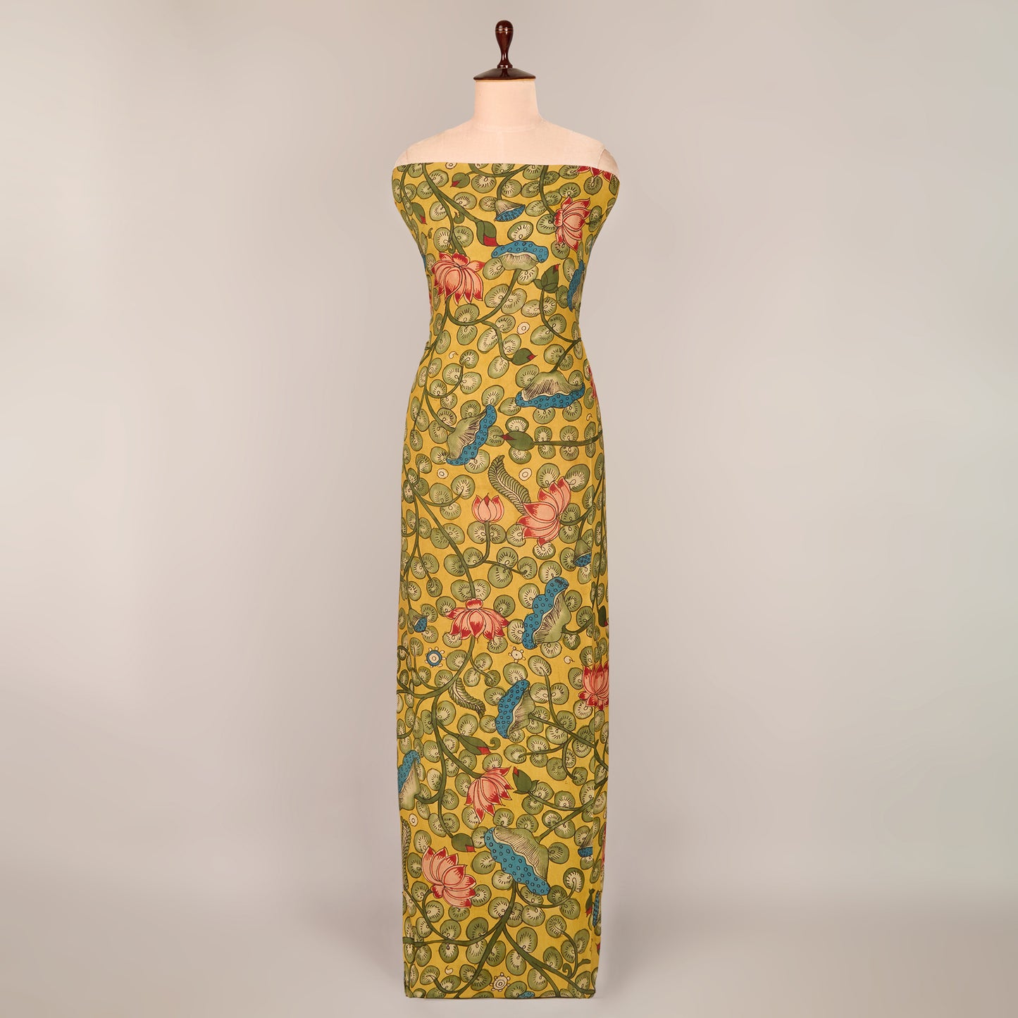 Assam Kalamkari Jaal Hand Printed Fabric In Lime Green