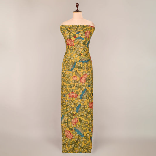 Assam Kalamkari Jaal Hand Printed Fabric In Lime Green