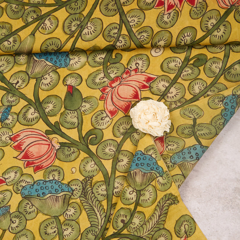 Assam Kalamkari Jaal Hand Printed Fabric In Lime Green
