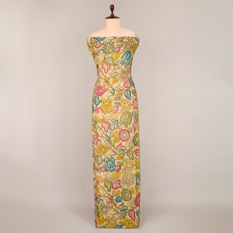 Assam Kalamkari Jaal Hand Printed Fabric In Cream