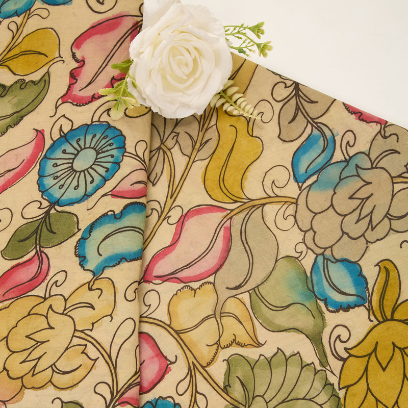 Assam Kalamkari Jaal Hand Printed Fabric In Cream