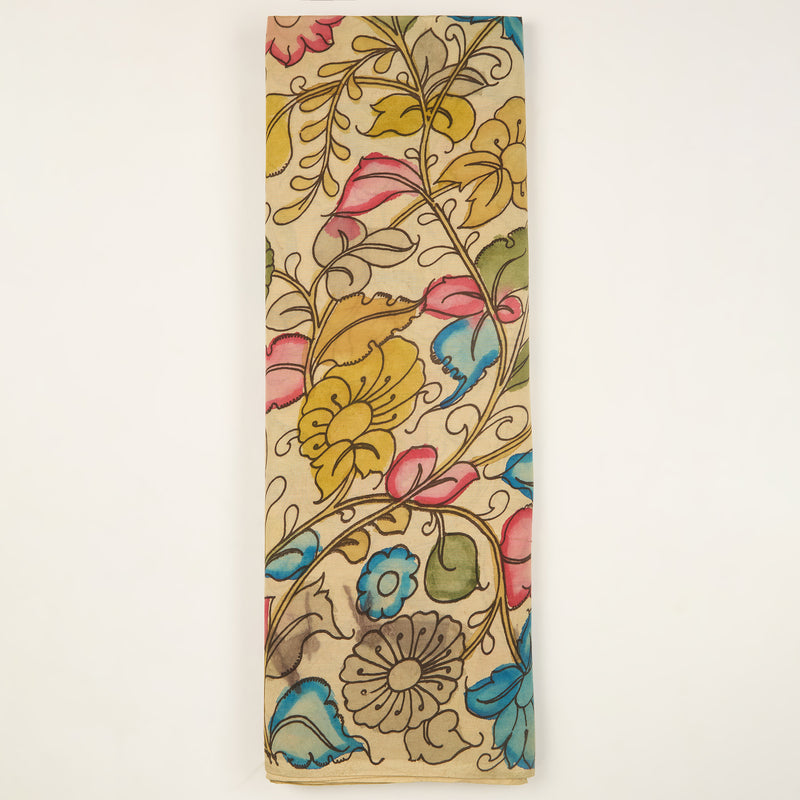 Assam Kalamkari Jaal Hand Printed Fabric In Cream