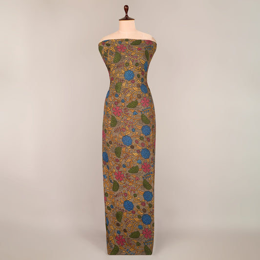 Assam Kalamkari Jaal Hand Printed Fabric In Light Grey