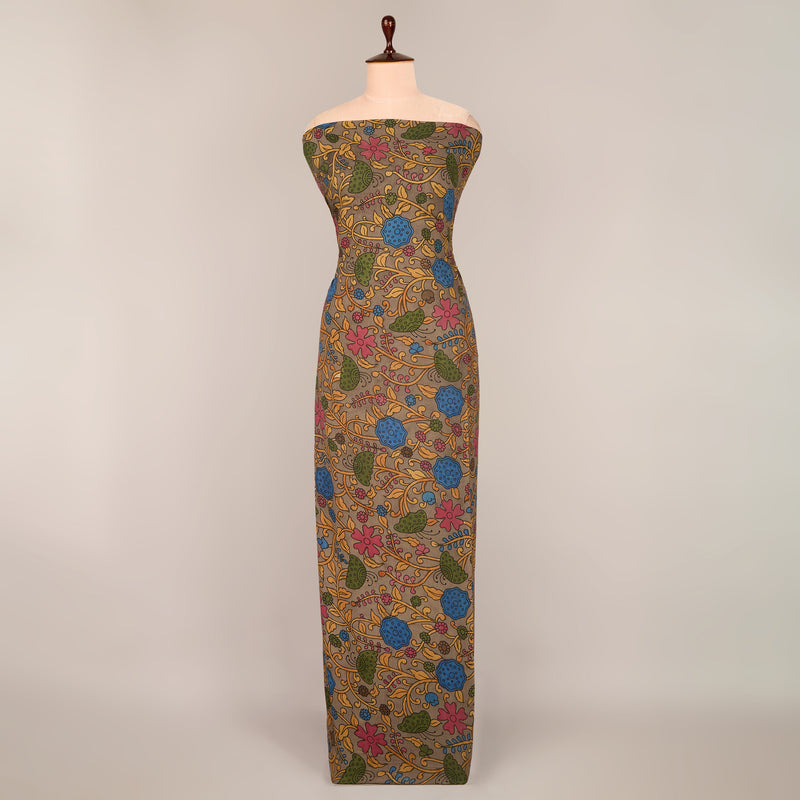 Assam Kalamkari Jaal Hand Printed Fabric In Light Grey