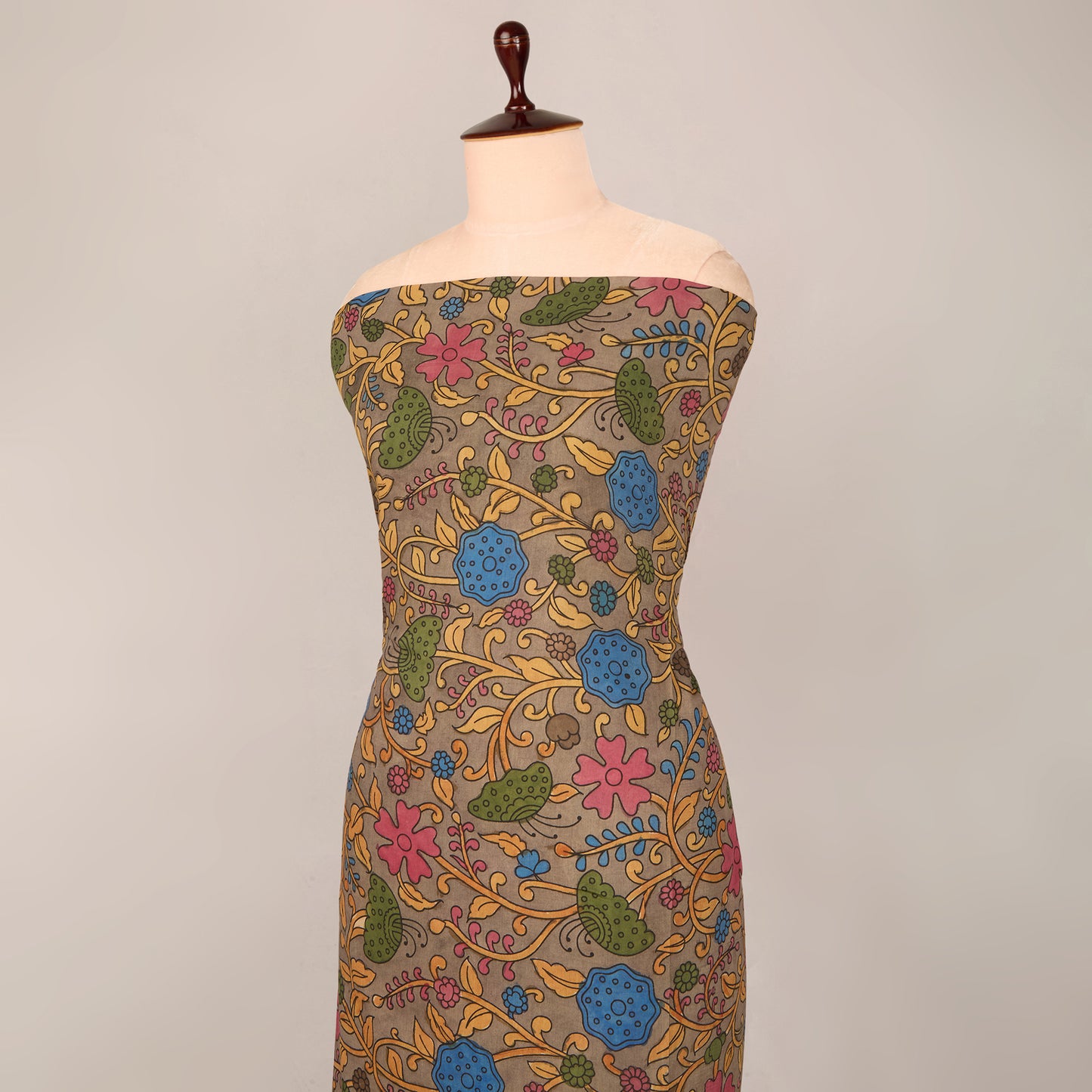 Assam Kalamkari Jaal Hand Printed Fabric In Light Grey