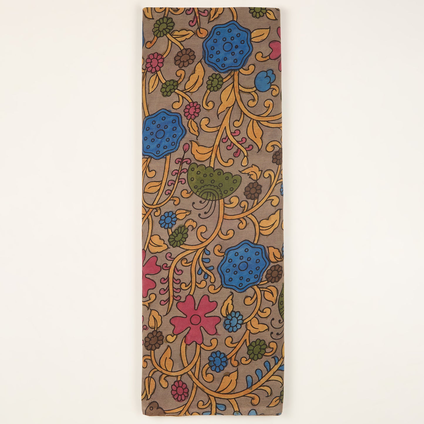 Assam Kalamkari Jaal Hand Printed Fabric In Light Grey